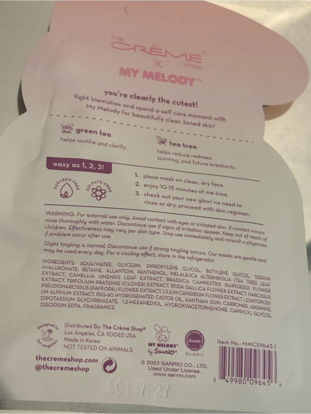 My melody sheet face mask